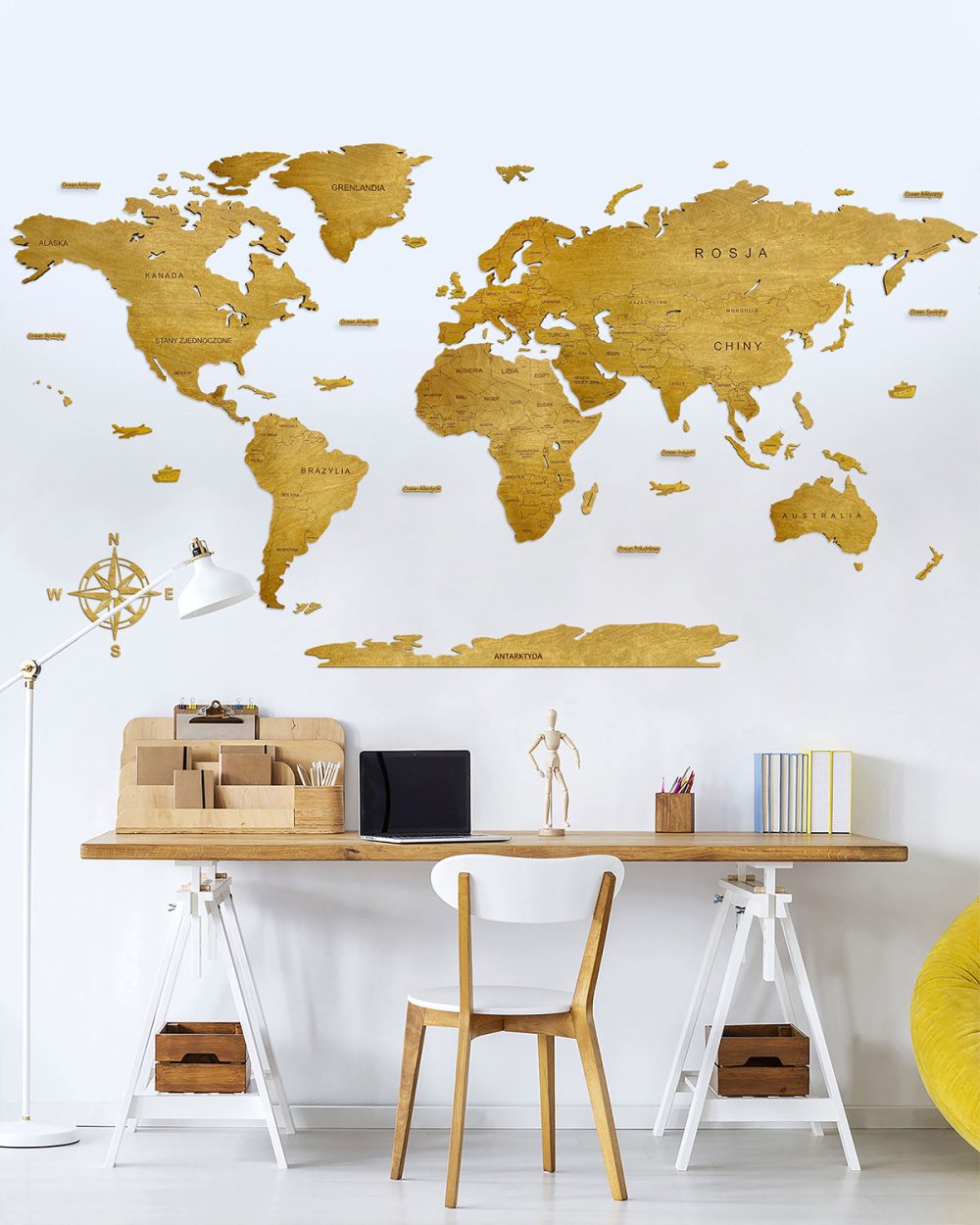 Drewniana Mapa Świata Classic z podpisami państw dekoracja na ścianę mapa świata na ścianę