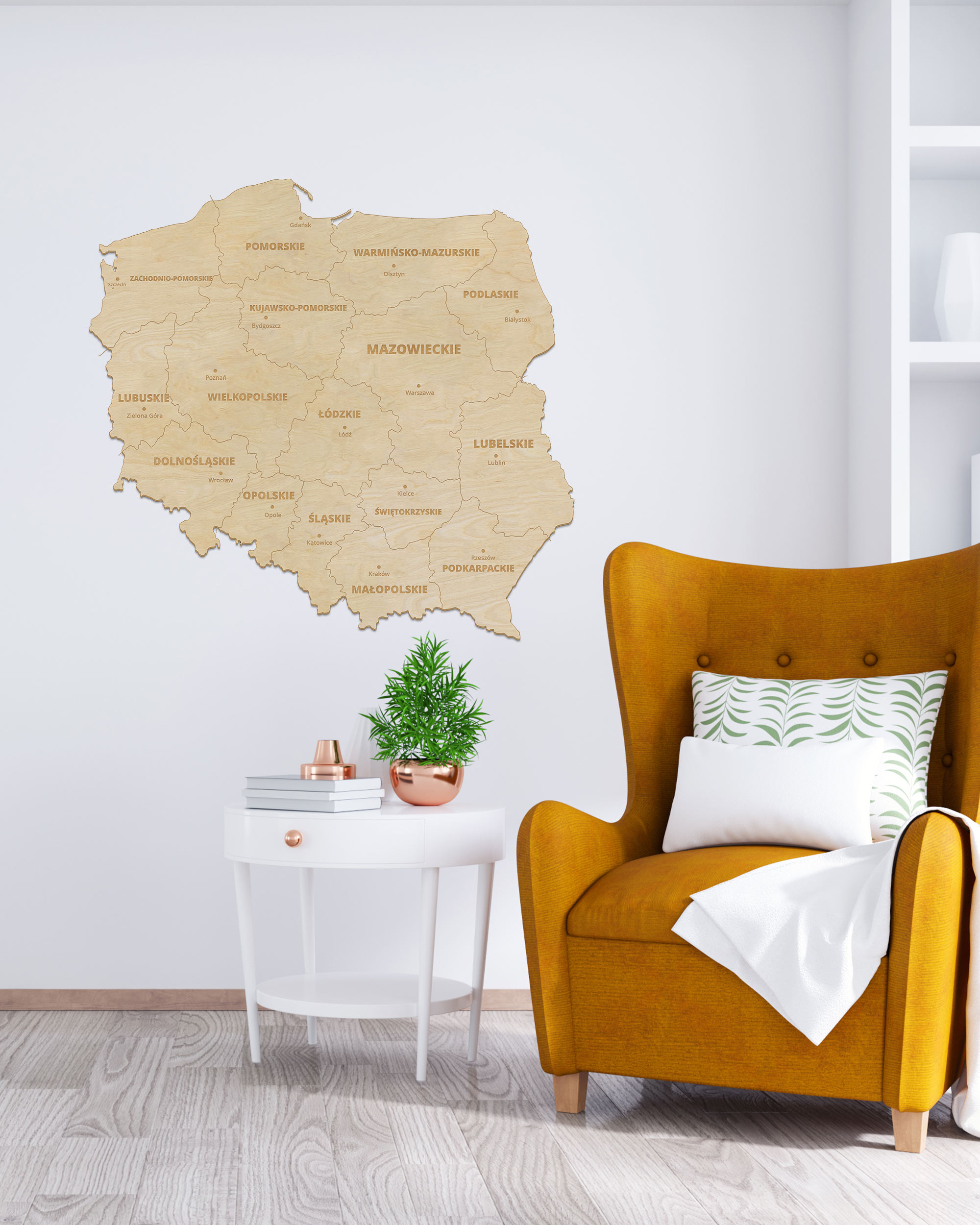 Drewniana Mapa Polski na ścianę 80x80cm Naturalny