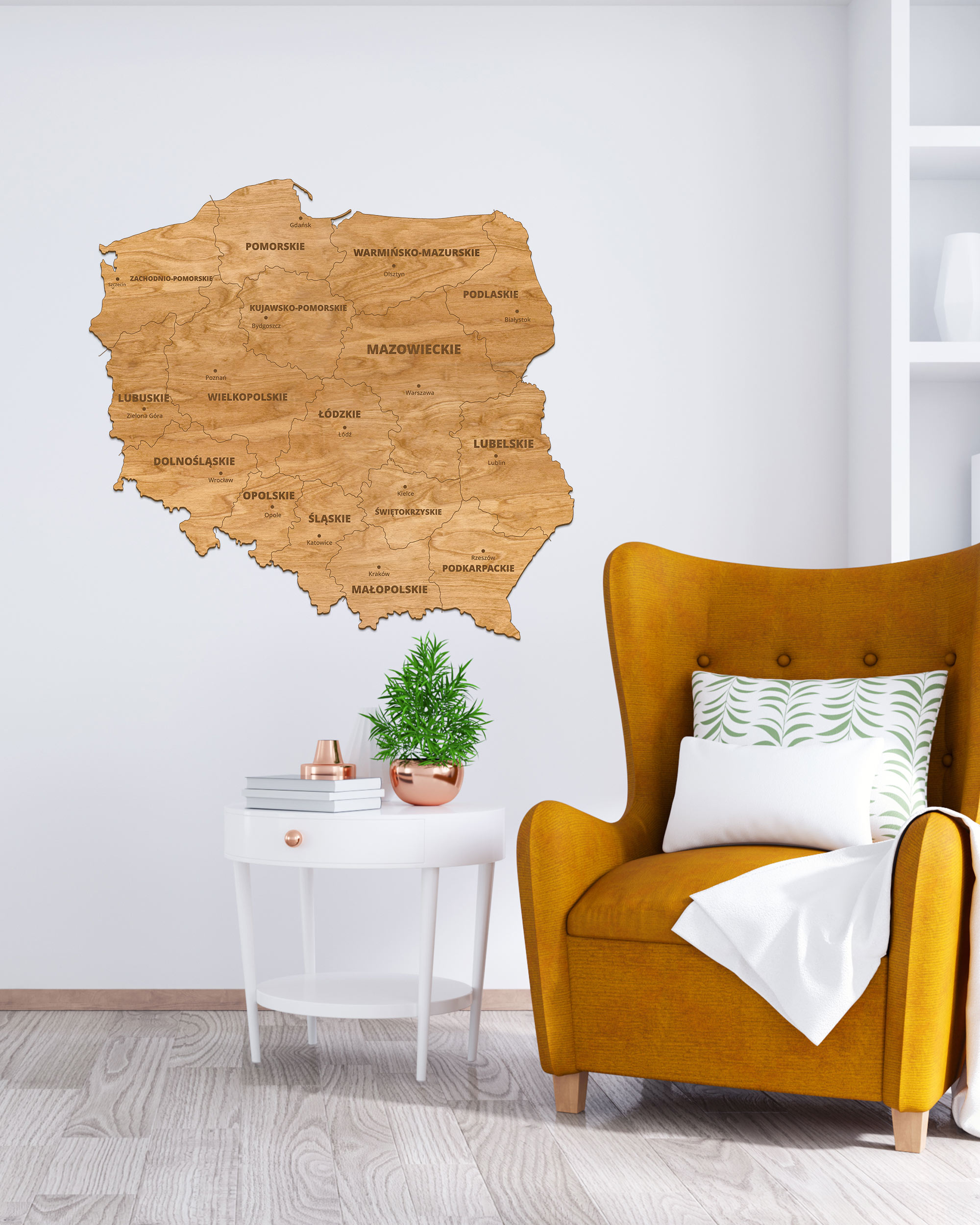 Drewniana Mapa Polski na ścianę 80x80cm Dąb