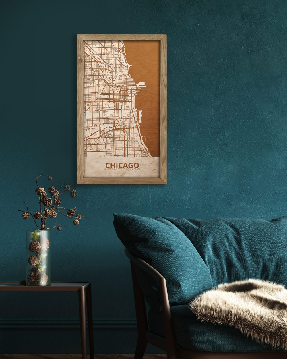 Drewniany obraz miasta – Chicago w dębowej ramie
