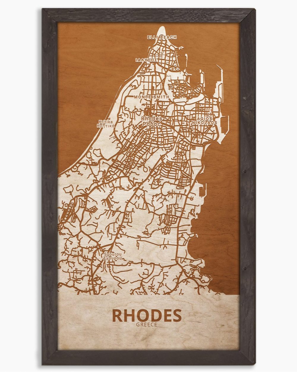 Drewniany obraz miasta - Rodos w dębowej ramie