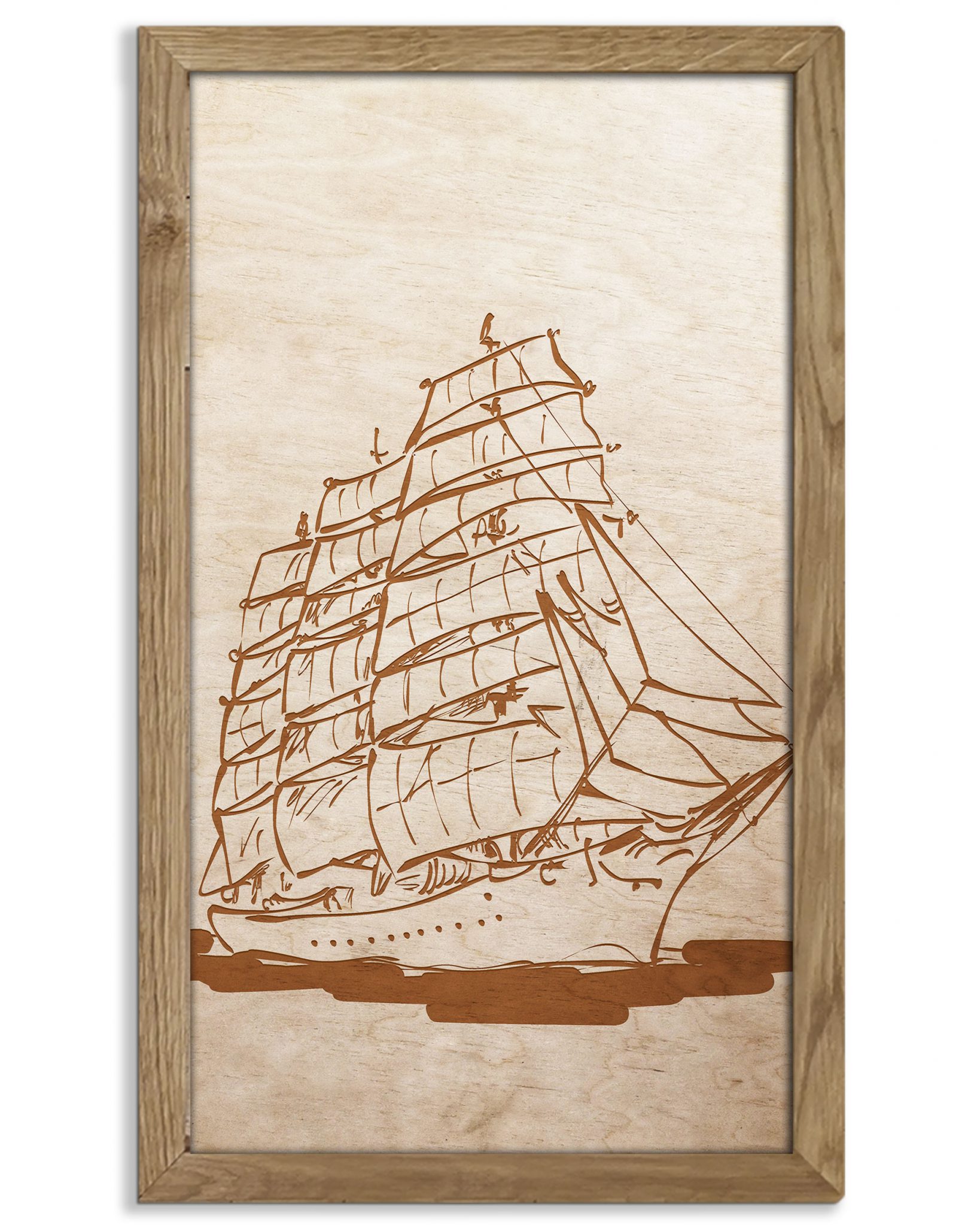 Drewniany obraz - Żaglowiec w dębowej ramie 50x30cm Dąb, Orzech, Heban
