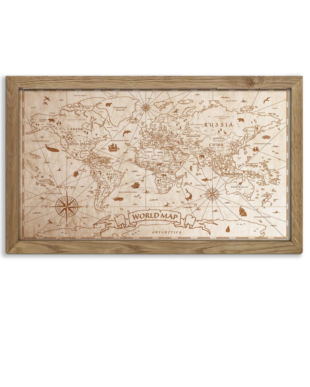 Drewniany obraz – Mapa świata Vintage w dębowej ramie