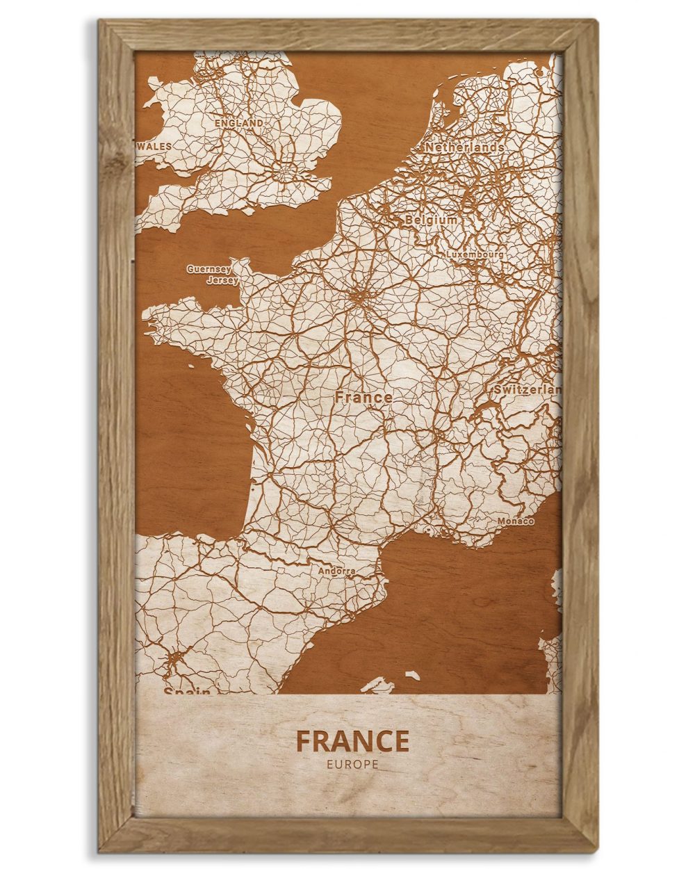 Drewniany obraz państwa- Francja w dębowej ramie