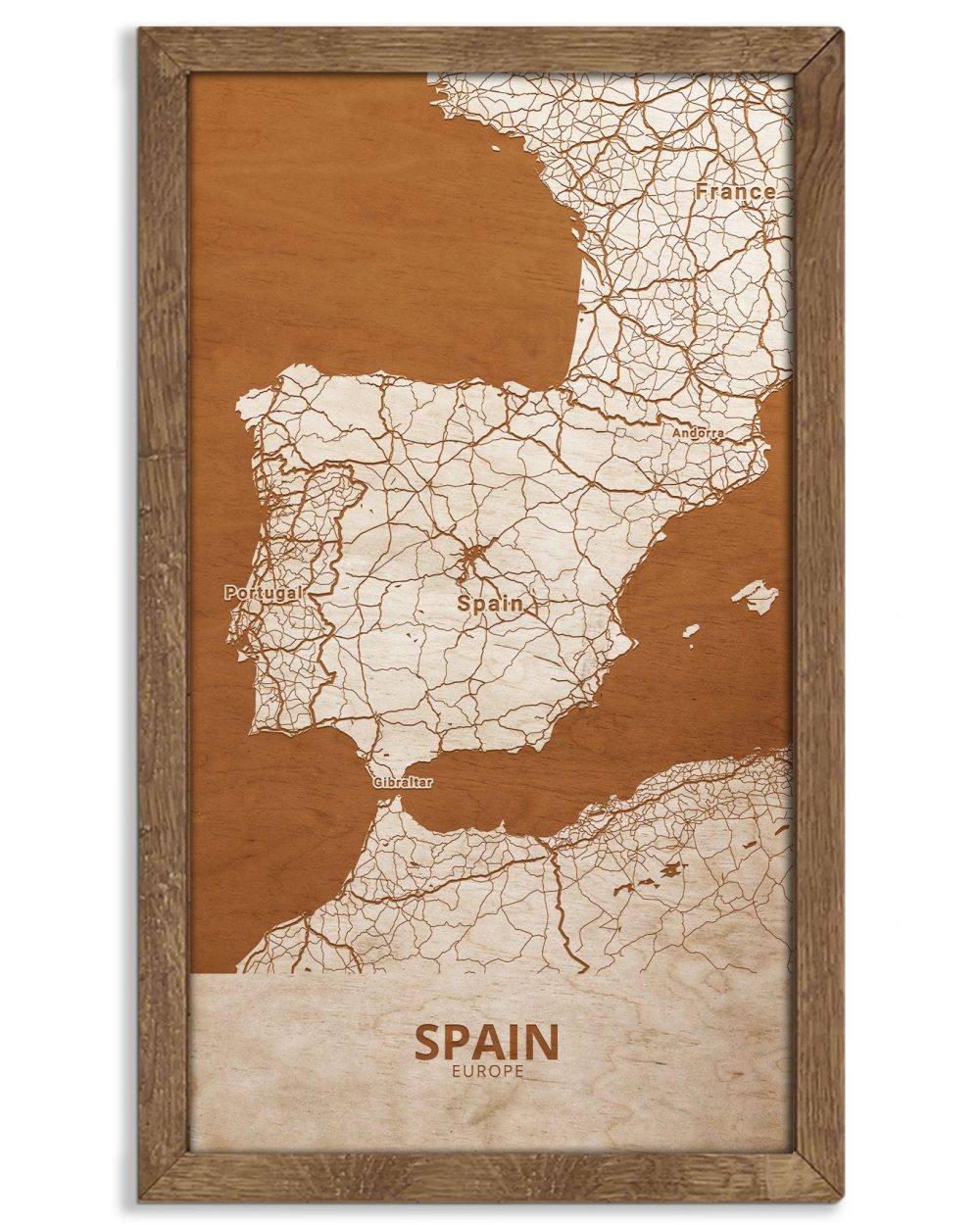 Drewniany obraz państwa- Hiszpania w dębowej ramie