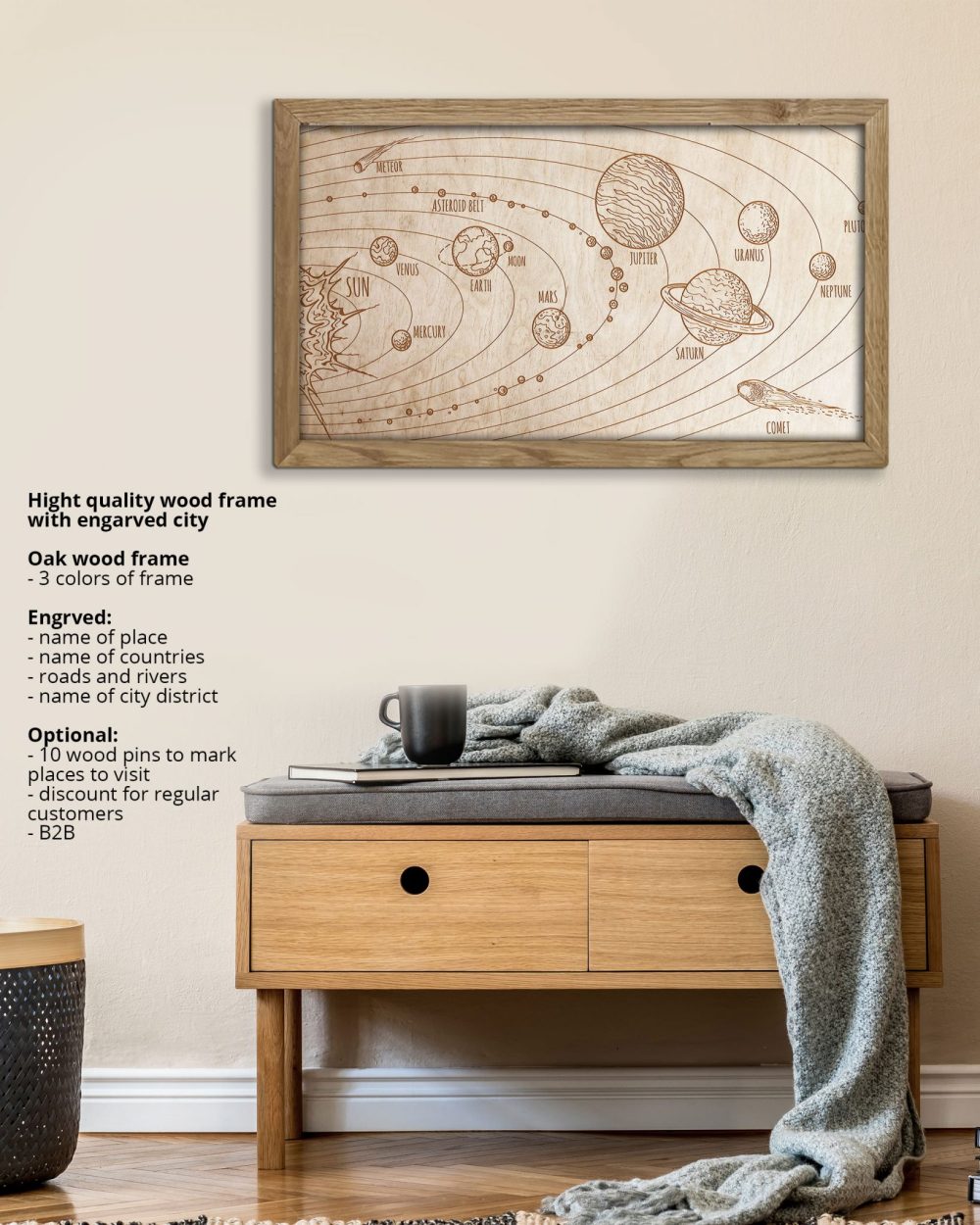 Drewniany obraz – Układ planet w dębowej ramie