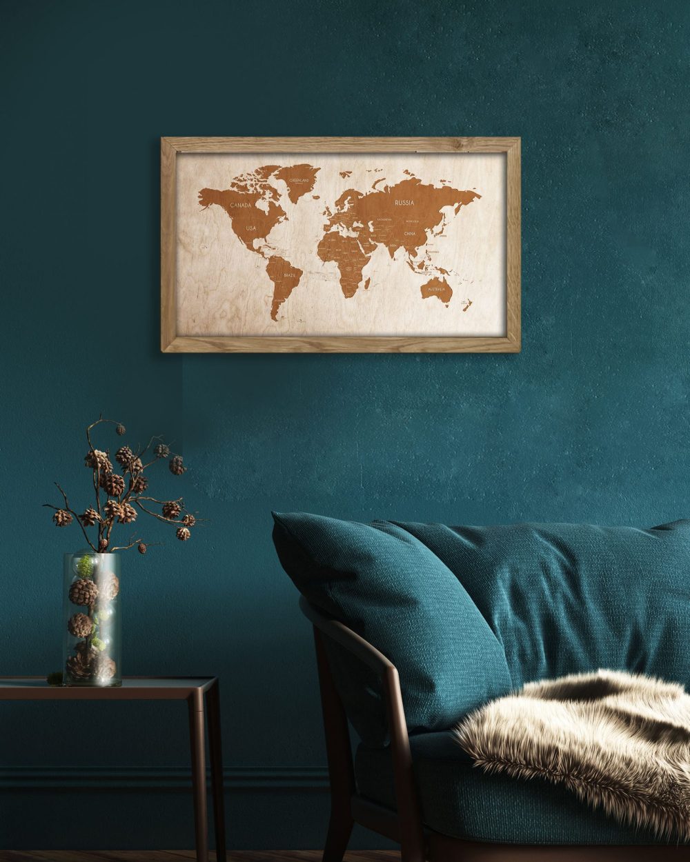 Drewniany obraz – Mapa świata w dębowej ramie