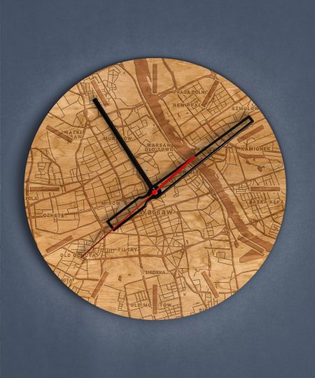 Dekoracyjny, drewniainy zegar na ścianę - miasto Warszawa (2)