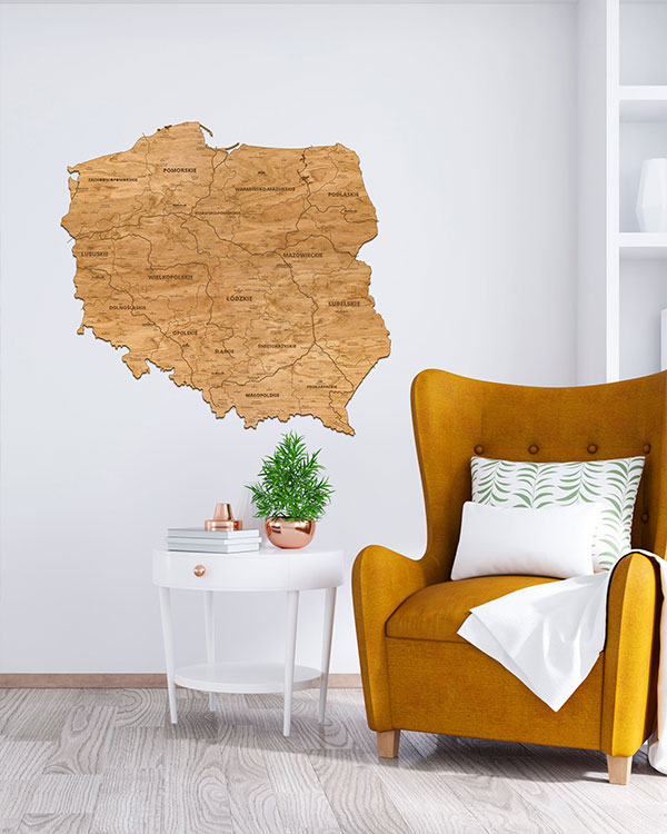 Drewniana Mapa Polski na ścianę 100x100cm Dąb