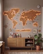 Drewniana mapa świata na ścianę podświetlana LED