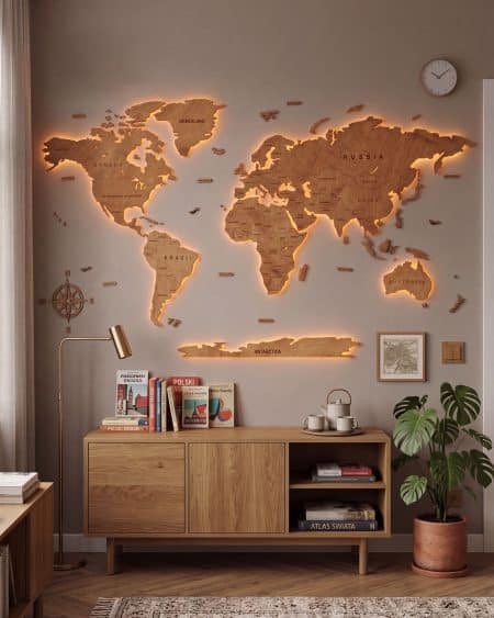 Drewniana mapa świata na ścianę podświetlana LED