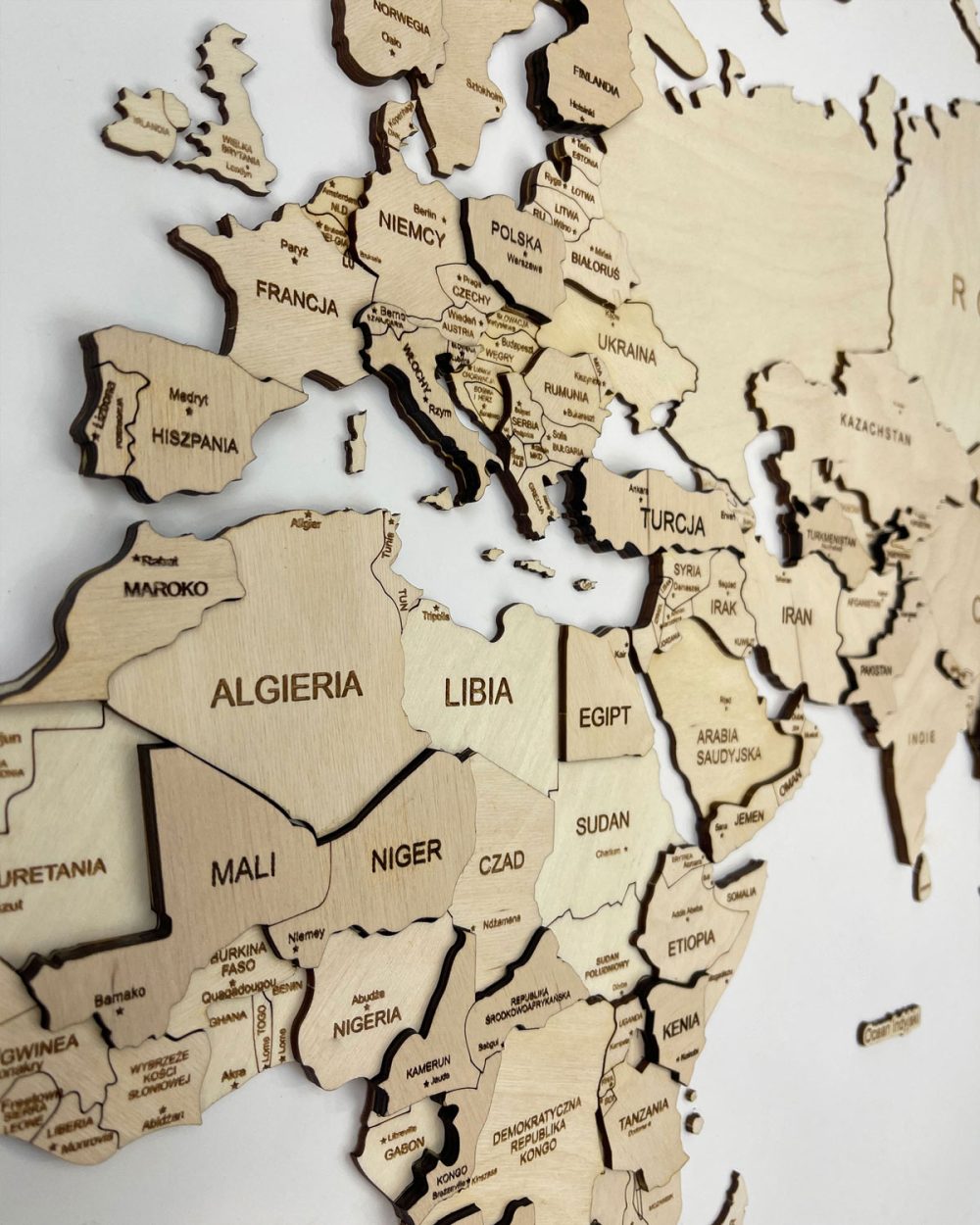 Drewniana Mapa Świata 3D z drewna w kolorze Naturalnym MAPA Z DREWNA 3D
