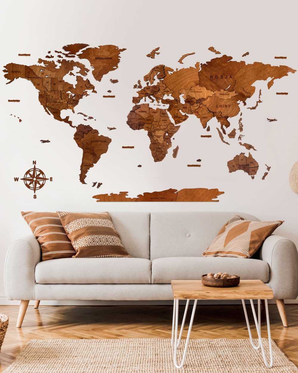 Drewniana Mapa Świata 3D z drewna w kolorze Orzech