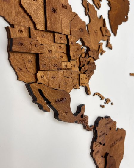 Drewniana Mapa Świata 3D z drewna w kolorze orzech