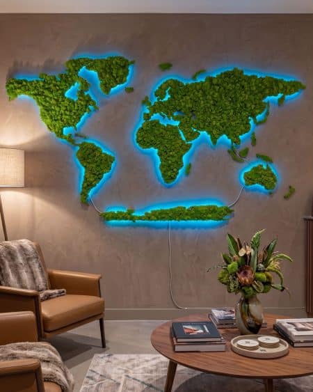 2D LED Mapa świata z Mchu Chrobotka Podświetlana