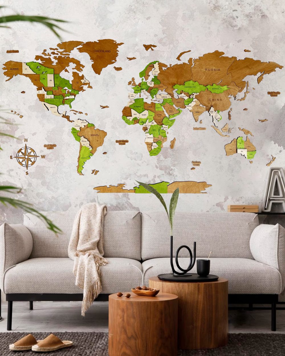 Drewniana Mapa Świata 3d na ścianę LIME (2)