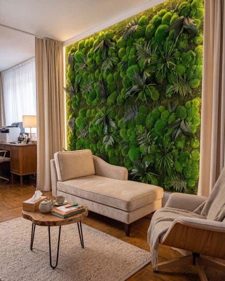 Panel HARMONY z mchu i roślin stabilizowanych w salonie