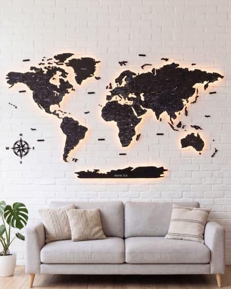 2D LED PREMIUM podsvícená dřevěná mapa světa