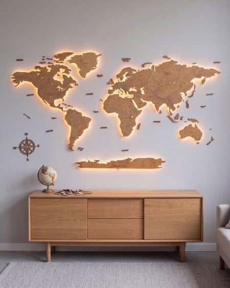Drewniana mapa świata Podświetlana LED - PREMIUM