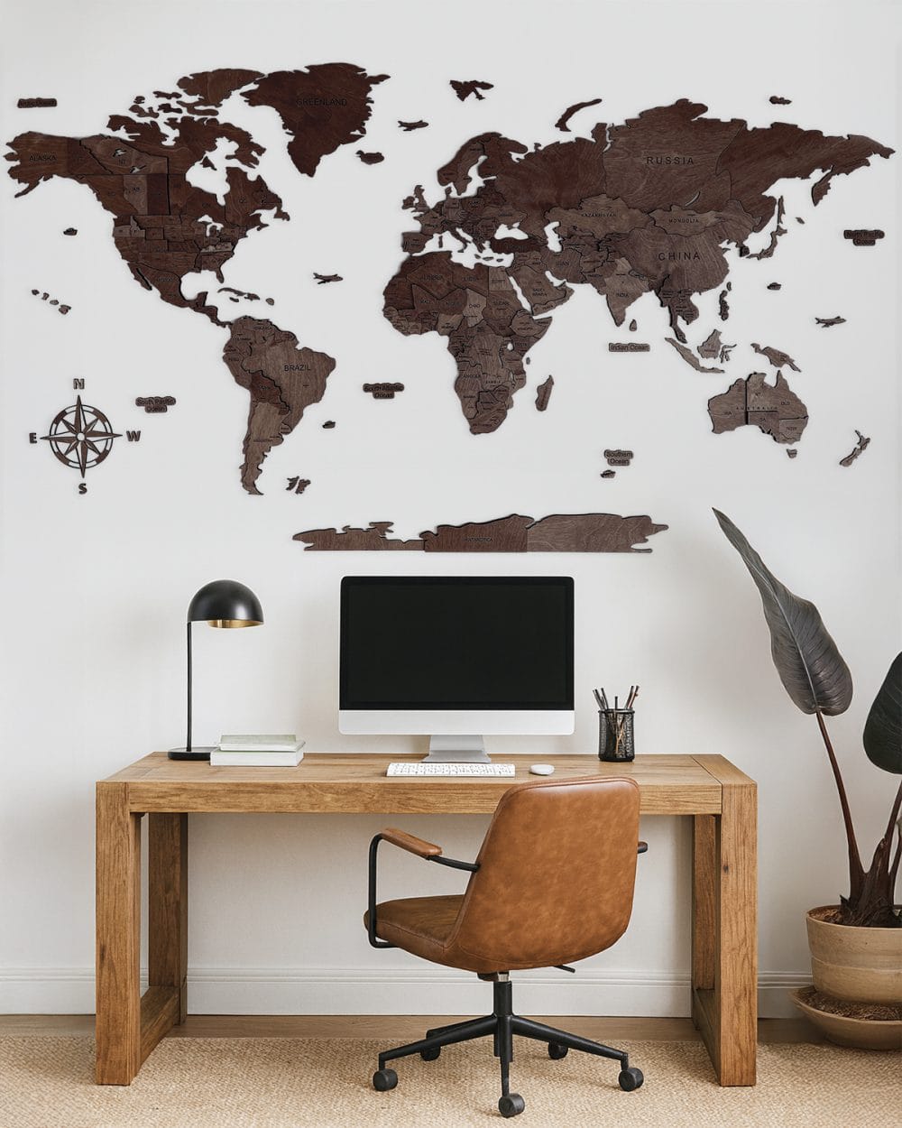 Mapa Świata 3D W Kolorze Czekolady Drewniana Mapa Świata Trójwymiarowa 3D W Kolorze Czekolady Zawieszona Nad Kanapą W Stylowym Salonie.