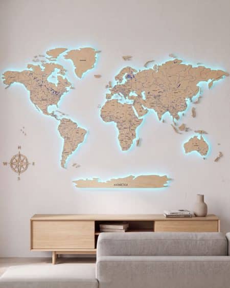 2D LED PREMIUM Illuminated Wooden World Map