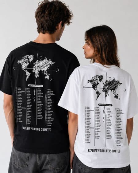 T-shirt podróżnika z mapą świata i naprasowywanymi flagami – 100 państw do oznaczenia UNISEX