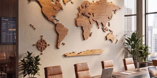 drewniana mapa świata na ścianę z litego dębu w sali konferencyjnej